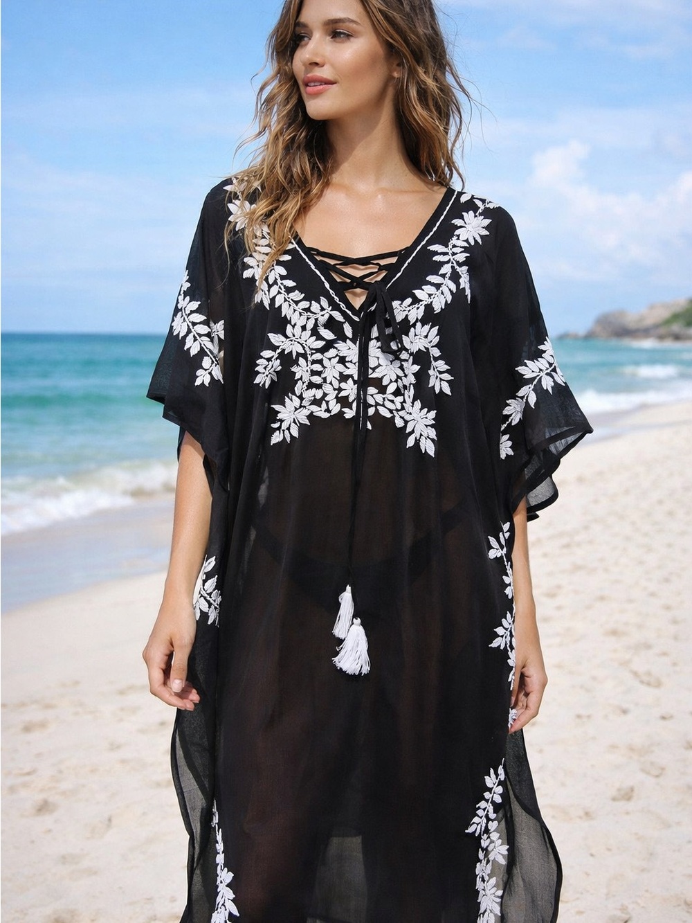 White Waves Embroidered Black Cotton Maxi Swim Cover Up Kaftan O/S NWT